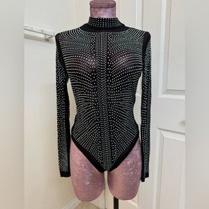 Sheer black long sleeve turtleneck bodysuit with sequins